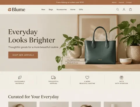 Concept boutique website featuring a teal handbag
